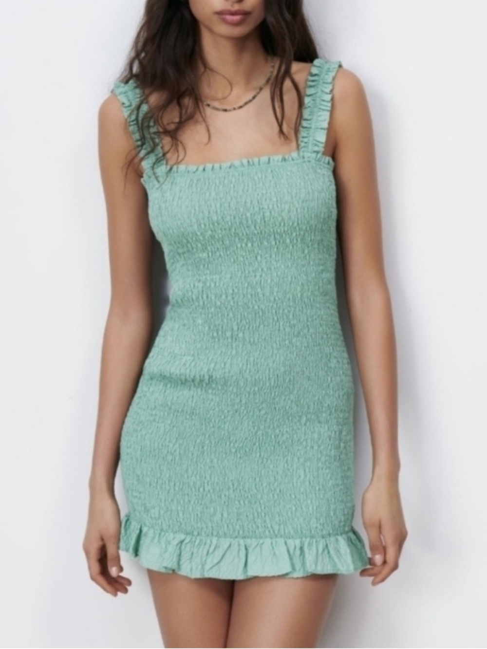 Zara NWT Smocked Square Neck Mini Dress in Seafoam Green • XL